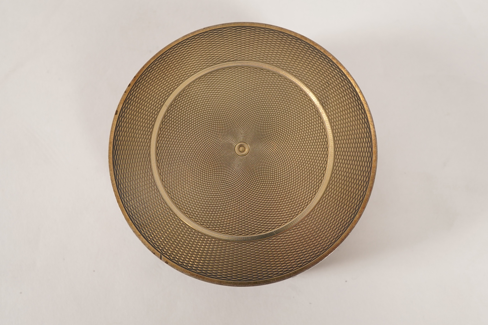 A late 19th/early 20th century North American sterling and mauve guilloche enamel circular box and cover, by Theodore B. Starr Inc, New York